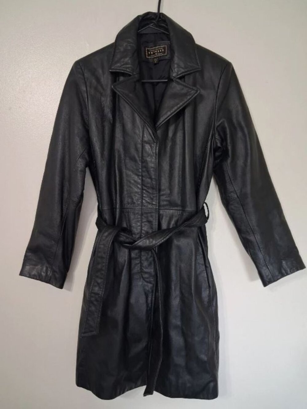 VTG Express Wmn's Black Leather Belted Trench Coat Lined Size Small Mob Wife